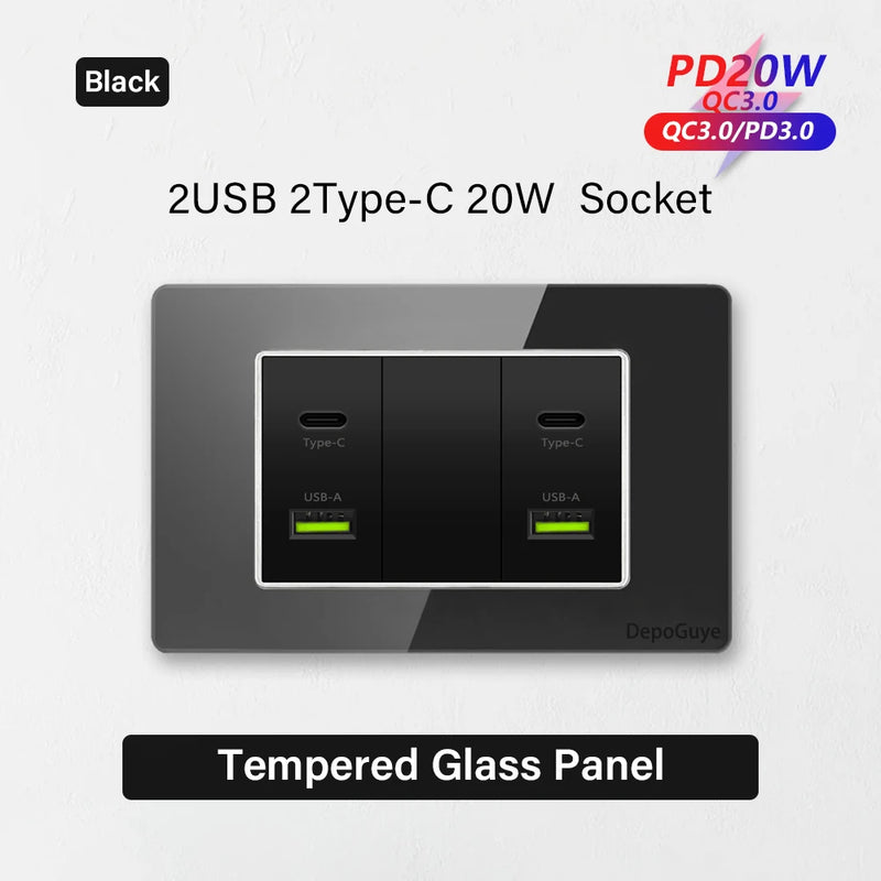 Type 118 White Black Grey Tempered Glass Wall Socket Panel 6 Charging port Triple USB Type C Wall Plug 3.1A 5V Outlet 118*75mm