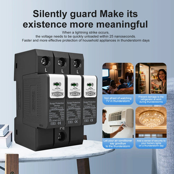 TOMZN TZG40-T1T2 Pluggable DIN Rail SPD 275V/385V AC 20-50kA 7kA 10/350μs T1+T2 Surge Protective Device for Lightning Protectio