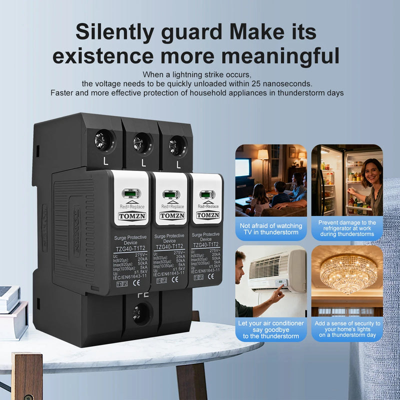 TOMZN TZG40-T1T2 Pluggable DIN Rail SPD 275V/385V AC 20-50kA 7kA 10/350μs T1+T2 Surge Protective Device for Lightning Protectio