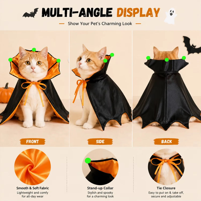 Halloween Vampire Cape for Cats & Small Dogs, Black Orange Bat Wing Pet Costume with Glowing Beads, Adjustable Elastic Straps