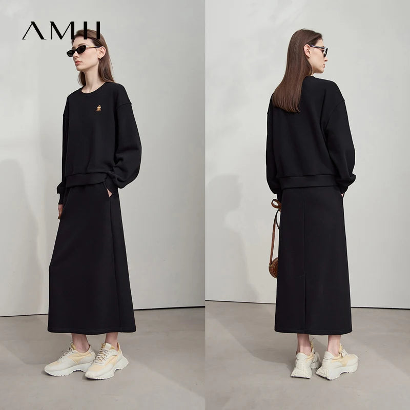 AMII Minimalist Woman Sets Two Pieces 2026 Autumn Little Bear Embroidered Sweatshirt Split Skirts Sports Casual Sets 12523042