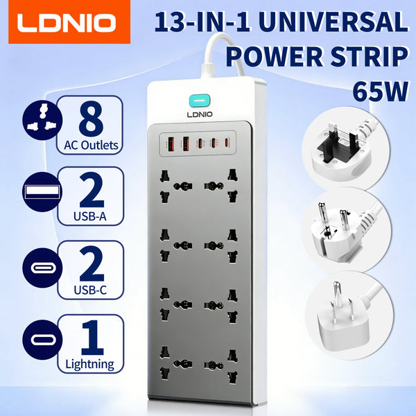 បន្ទះ ភ្លើង LDNIO 65W 13-in-1 ការពារ ការ ឡើង កម្ដៅ ខ្សែ បន្ថែម 2 ម៉ែត្រ រន្ធ ដោត ជា សកល EU KR UK US ដោត USB C ស្ថានីយ សាក ថ្ម លឿន
