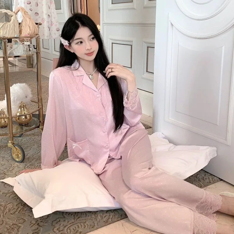 Women's Home Clothes Long Sleeve Top Trousers Sleepwear Female Nightwear Home Suit Spring Autumn 2PCS Pajamas Set Pijamas Suit