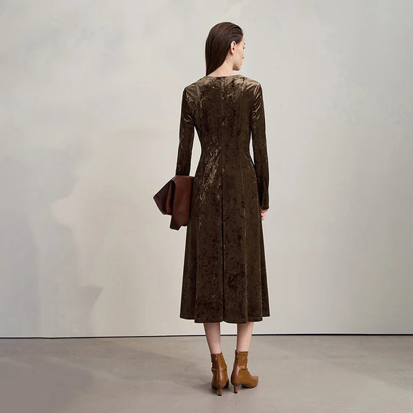 AMII Womens Dresses 2026 Autumn New Retro Long Sleeves A-Line Dress Ladies O-neck Slim Knitted Elegance Woman Clothing 12553103