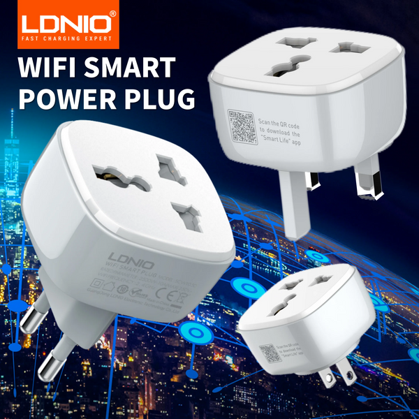 រន្ធដោតជញ្ជាំងឆ្លាតវៃ LDNIO WiFi ជាមួយប៊ូតុងប្តូរ បន្ទះថាមពលចល័ត ជាមួយដោត EU US UK 2500 W Google Home Tuya WiFi Timer Plug