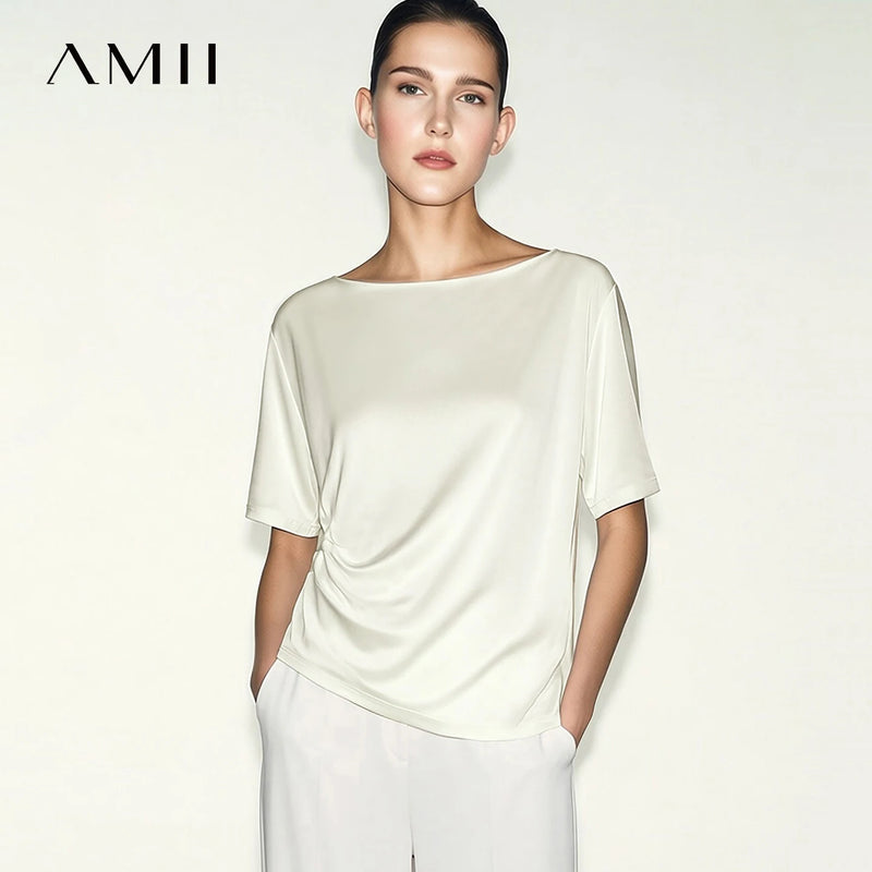 Amii Cowl Neck Women's T-Shirt 2026 Summer New Acetate Pleated Dolman Sleeve Top Solid Color Flowy Casual Tee For Women 12652082