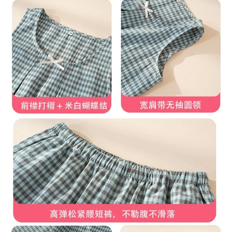 Summer Women Pajama Sets Plaid Print Pijama 2 Pieces Sleepwear for Sleeping Lounge Wear Sleeveless Top Shorts Nightwear Suits