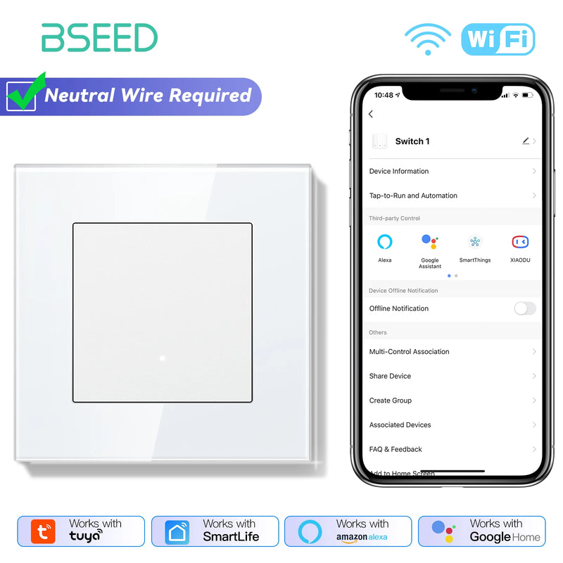 BSEED 1/2/3/4Gang 2Way WIFI Light Switch Smart Click Button Switch Glass Panel LED Indicator Support Tuya Smart Life Google Home
