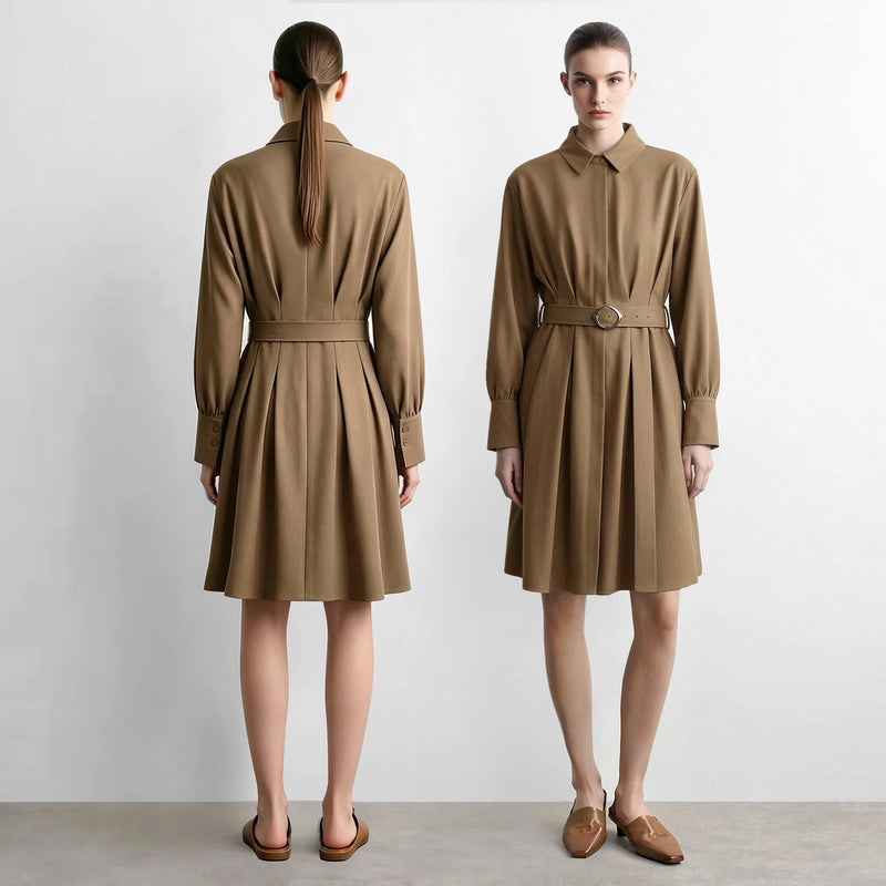 Amii Slim Women's Dress 2026 Autumn New Lapel Collar Office A-Line Midi Dresses D-ring Belt Long Sleeve Woman Clothes 12623020