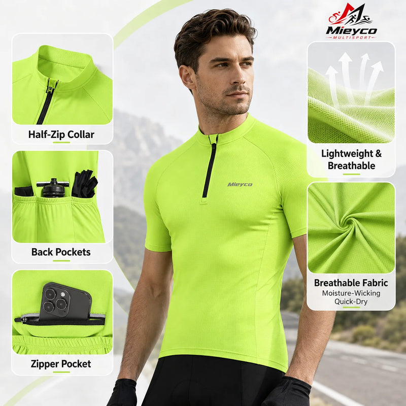 Mieyco Men's Short‑Sleeve Bike Cycling Jersey Quick Dry Moisture Wicking Breathable Biking Top With 3 Rear Pockets