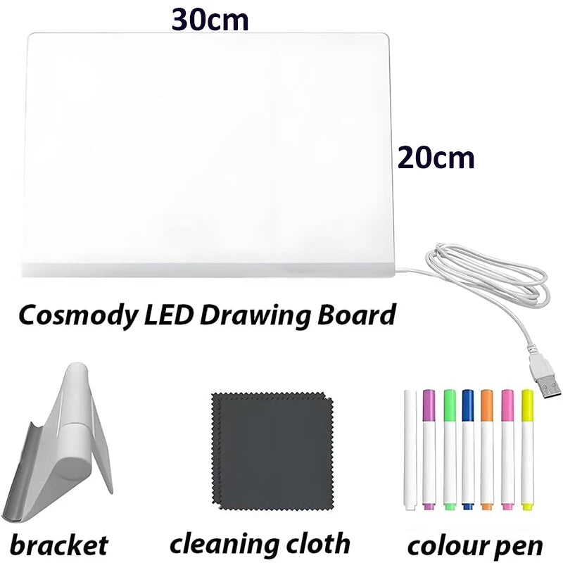 LED Drawing Pad Luminous Acrylic Memo Message Erase Board with Colors Pen and Stand Drawing Board for Children's Toy Gift