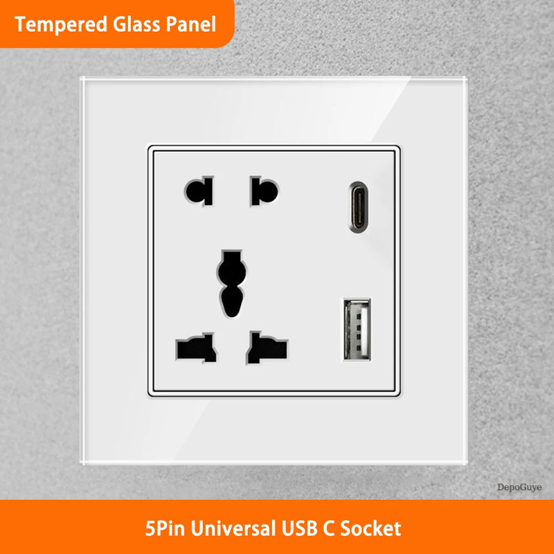 White Universal UK 13A Socket with USB Type-C 18W Fast Charging Wall Socket,Tempered Glass Button Light Switch,Dual 3pin Socket
