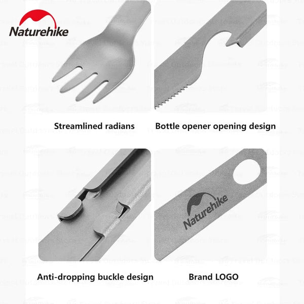 សម្ភារៈបោះតង់ Naturehike Titanium កាំបិត សម ស្លាបព្រា ឈុត 3 ក្នុង 1 សម្រាប់ក្រៅផ្ទះ សម្ភារៈប្រើប្រាស់ច្រើនមុខងារ សម្ភារៈសម្រាប់ធ្វើម្ហូប