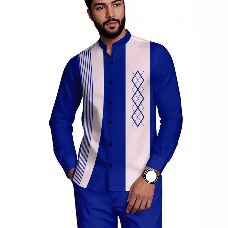 Men's Two-piece Set for Spring/Fall: An Ethnic-style Long-sleeve Shirt Paired with Pants, Red, Blue, Green, Gray, Black, Purple.
