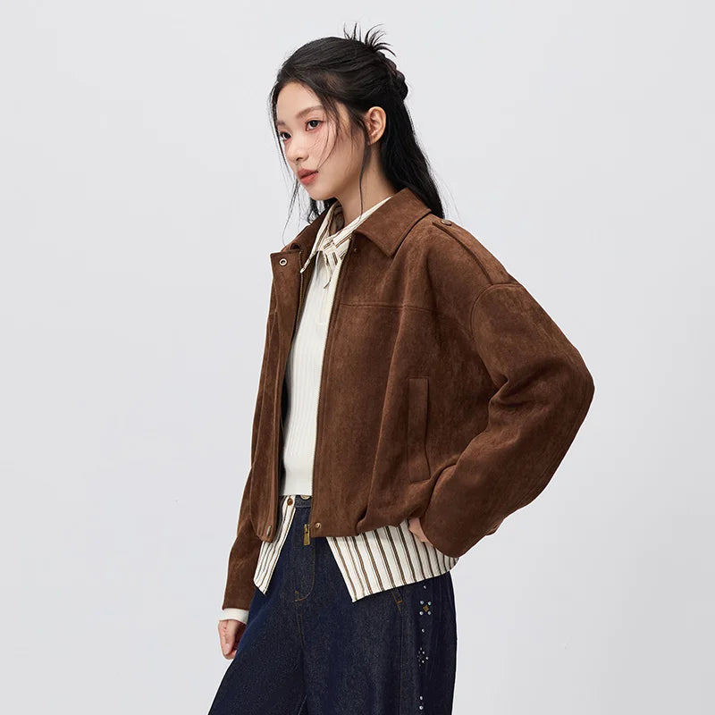 Semir Women Jacket Suede Like Short Lapel Oversize Cocoon Shape 2026 Autumn Warm Brown High Street Casual Outerwear
