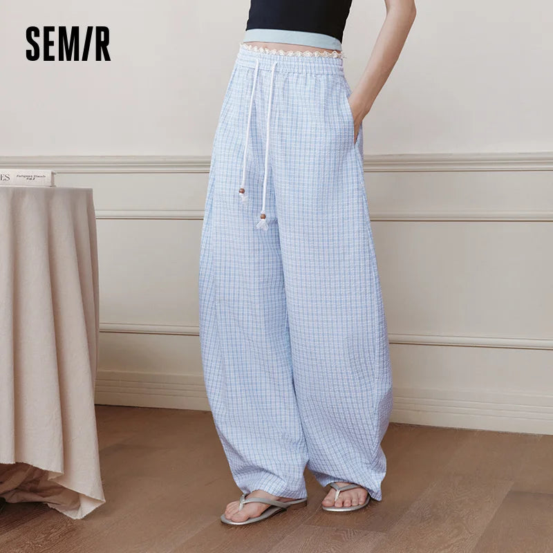 Semir Women Pants Textured Plaid Lace Trim Elastic Waist Loose Curved Summer 2026 Casual Long Trousers Bottoms Wear