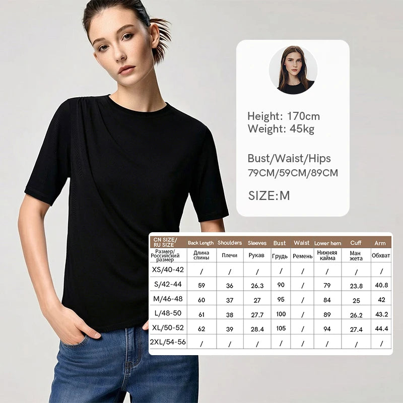Amii Women's T-Shirt 2026 Summer New Boat Neck Acetate Asymmetric Pleated Stretch Top Fitted Waist Casual Short Tee 12652084
