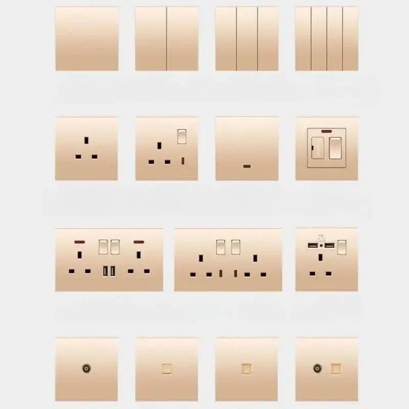 Uk Type 86 13A Universal Rose Gold 220V Wall Large Warped 1gang2way Cross Button Light Switch,USB Electric Plug Wall Socket