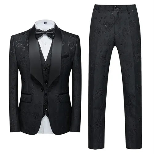 Men's Blue Jacquard Fabric Suit 3-Piece, Fashion Slim-Fit Blazer Jacket Trousers Vest, Spring  Autumn New Men Sets, Asian Size