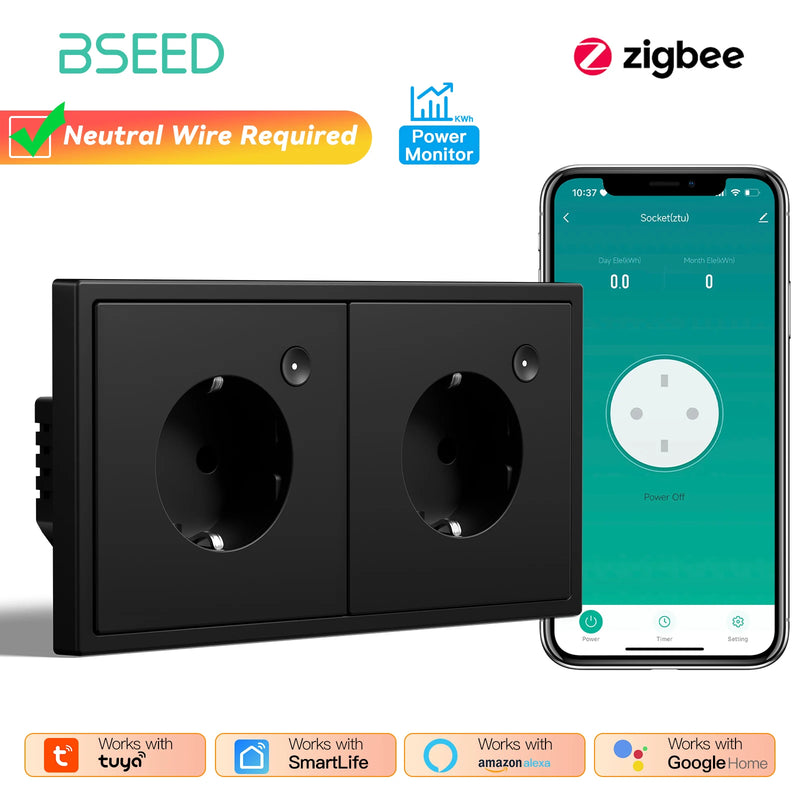 BSEED E Series Zigbee Socket Power Monitor Function Smart Electric Outlets Tuya Smart Life Google Home Control Plastic Frame