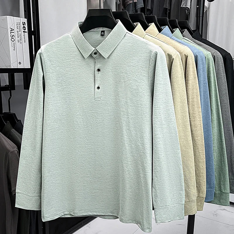 Mens Lapel Collar Long Sleeve Polo Top Heathered Texture Wrinkle Resistant Fabric Casual Office Matching Garment