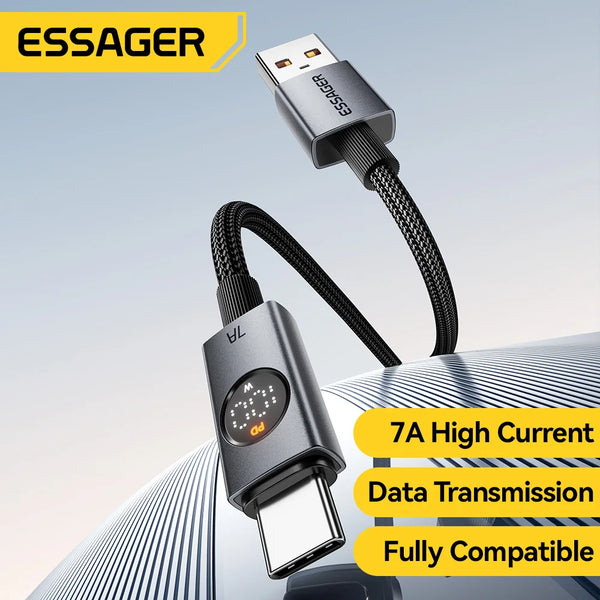 ខ្សែសាក Essager 7A USB Type C 100W សាកលឿនសម្រាប់ Huawei P90 Mate 60 Honor Oneplus 15 Realme OPPO អេក្រង់ឌីជីថល ខ្សែទិន្នន័យ