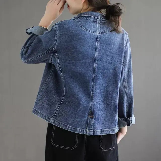 Vintage-style Women's Blue Denim Jacket; Stylish, Casual Single-button V-neck Blazer; Available in Asian Sizes M–3XL.