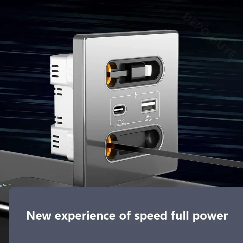 White Universal Smart Socket With Telescopic charging line 20W Fast Charge Type C USB Port Tempered Glass Wall Power Plug Outlet