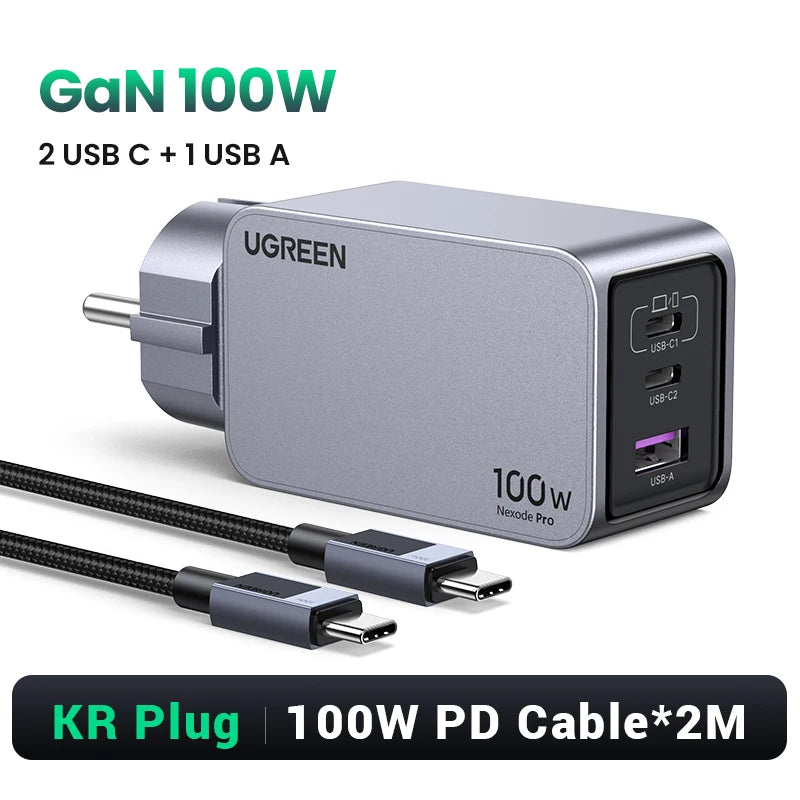 【Korean Plug】UGREEN 100W GaN Charger PD Fast USB C Charger QC4.0 3.0 Quick Charge For Macbook Laptop Tablet iPhone 18 17 Pro