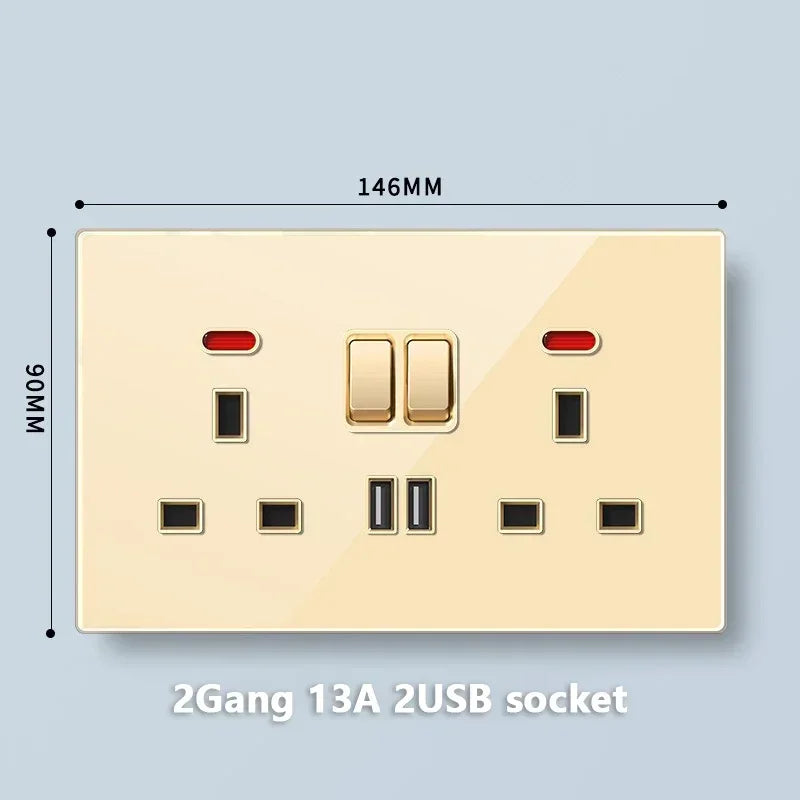 Deluxe Gold Tempered Glass Universal Dual power outlet,UK 13A Wall plug socket with 20W Fast charge,Home Electrical Light Switch