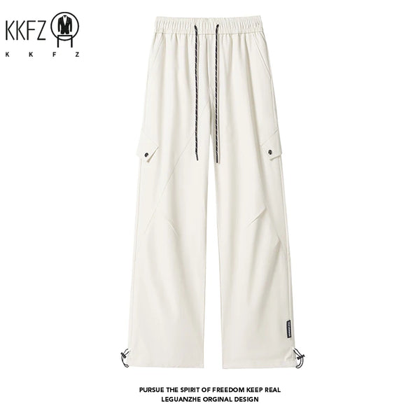 Mens Lightweight Wide Leg Cargo Trousers Drawstring Elastic Waist Multi Pockets For Hiking Travel Urban Casual Outfits