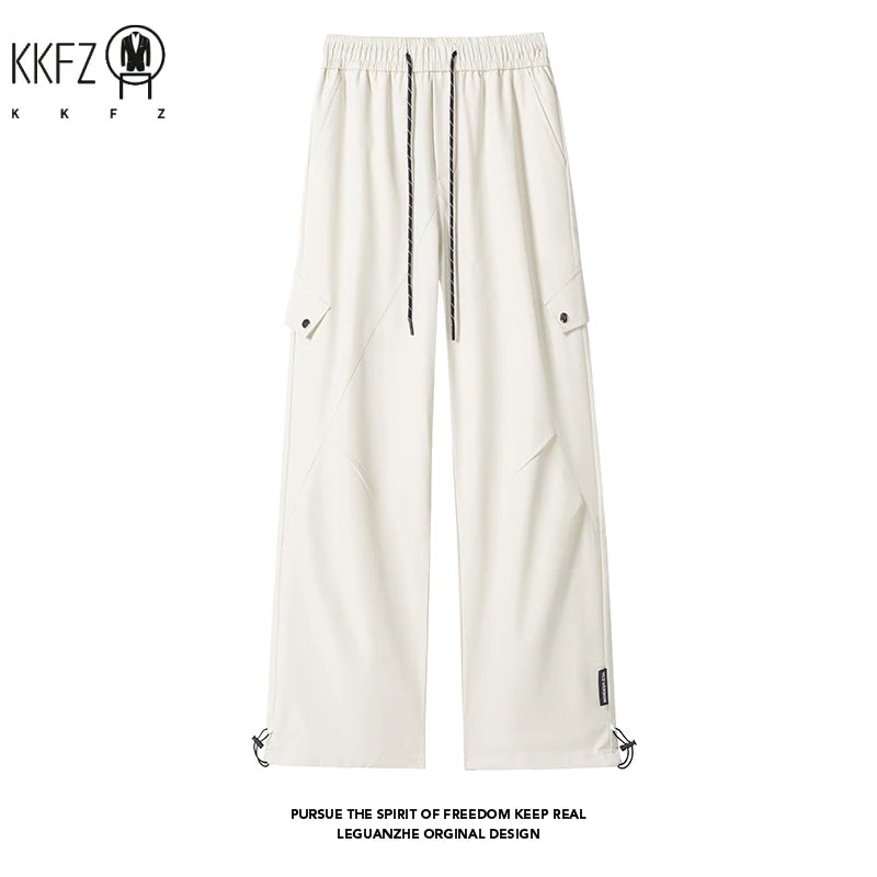 Mens Lightweight Wide Leg Cargo Trousers Drawstring Elastic Waist Multi Pockets For Hiking Travel Urban Casual Outfits