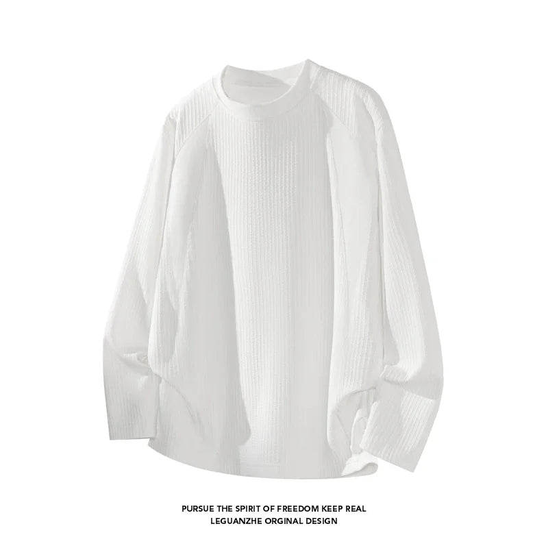 Men Crew Neck Vertical Rib Long Sleeve Base Tee Raglan Seam Soft Stretchy Fabric For Daily Layering Street Style Outfit