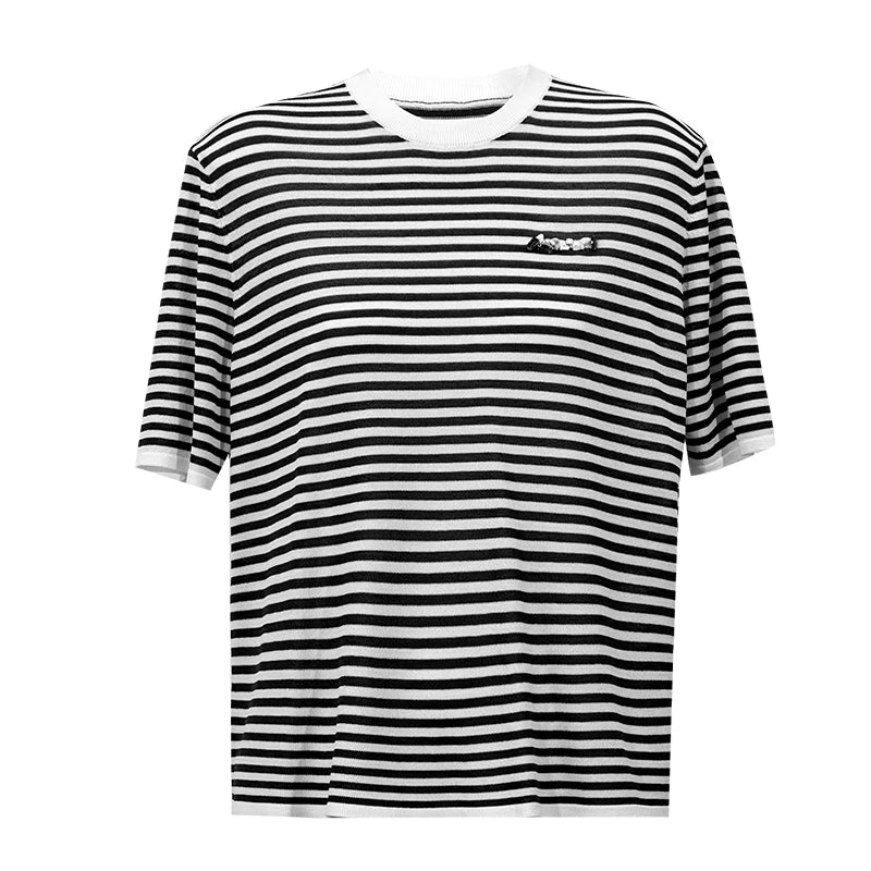 Amii Short Sleeve Knit Top 2026 Summer New O-Neck Women's Color Block Stripe Sweater Loose Casual Pullover For Woman 12642075