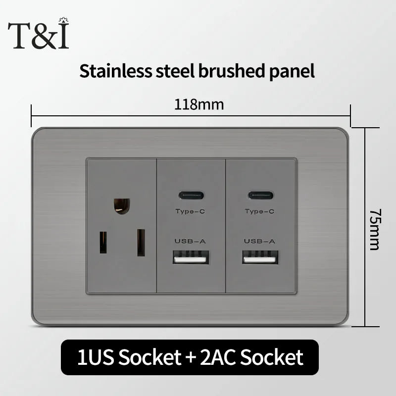 T&I 118 Premium Stainless Steel Brushed Wall Socket with USB Type - C, US Switch, Thai Plug for Home & Office Use