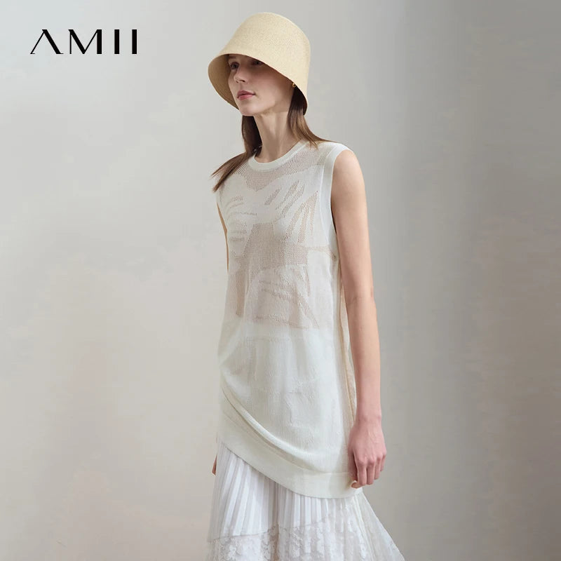 AMII Casual Loose Long Tank 2026 Summer Thin Office Lady Simple Solid O-Neck Pullovers Women Sleeveless Knit Vest Tops 12542240
