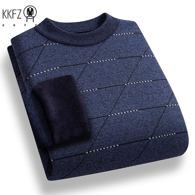 Cold Weather Men Knit Pullover Thick Plush Interior Diagonal Grid Print Design Everyday Casual Long Sleeve Warm Jumper
