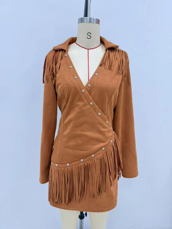 Women's Spring/Summer Dresses: A Figure-hugging, Cropped Skirt with Western-style Fringe Detailing; Beige, Blue, Pink,  Brown.