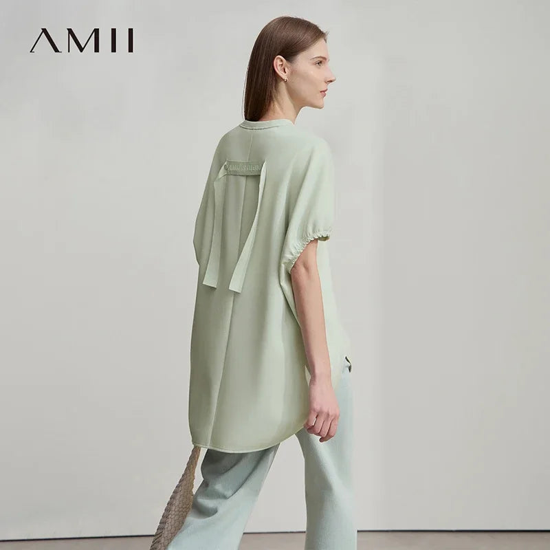អាវយឺតដៃខ្លី Amii Minimalist សម្រាប់នារី រដូវស្លឹកឈើជ្រុះ ឆ្នាំ២០២៥ ថ្មី ក O មានភាពបត់បែនខ្ពស់ រឹងមាំ អាវធំធម្មតាសម្រាប់ធ្វើដំណើរ 12511087