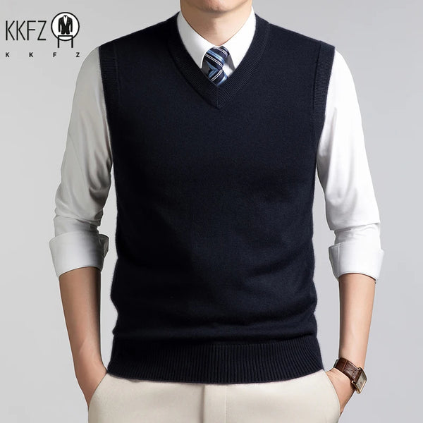 V Neck Sleeveless Wool Knit Vest For Men Soft Handfeel Knitwear Business Formal Sweater Tank Top Autumn Layering Clothes