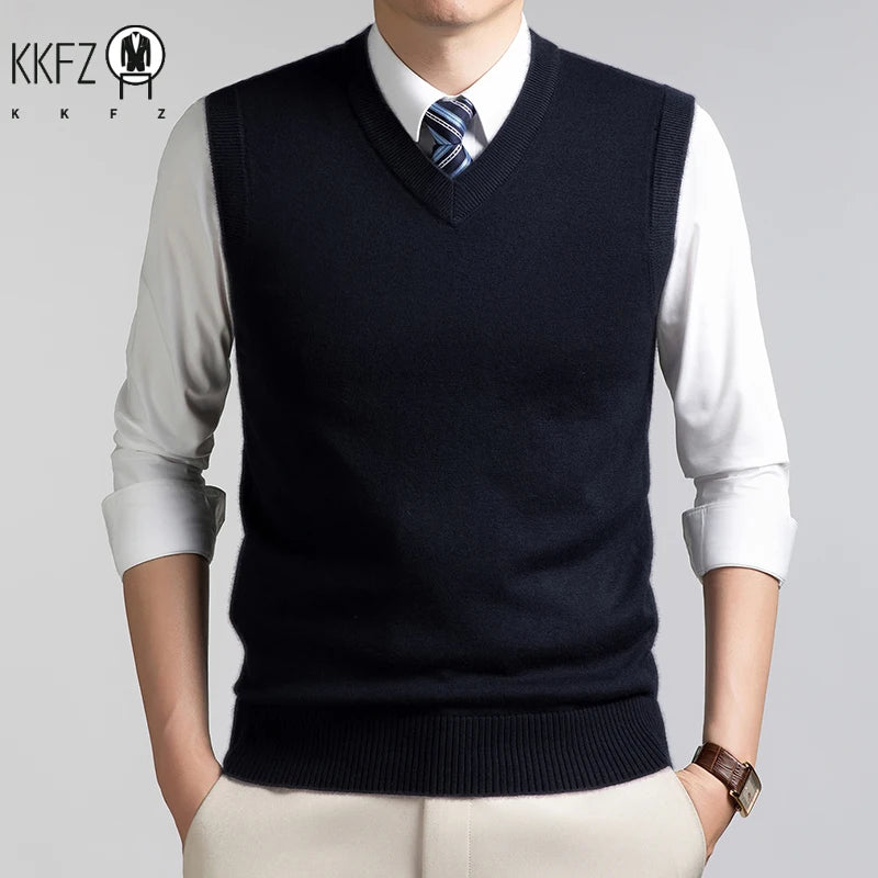V Neck Sleeveless Wool Knit Vest For Men Soft Handfeel Knitwear Business Formal Sweater Tank Top Autumn Layering Clothes