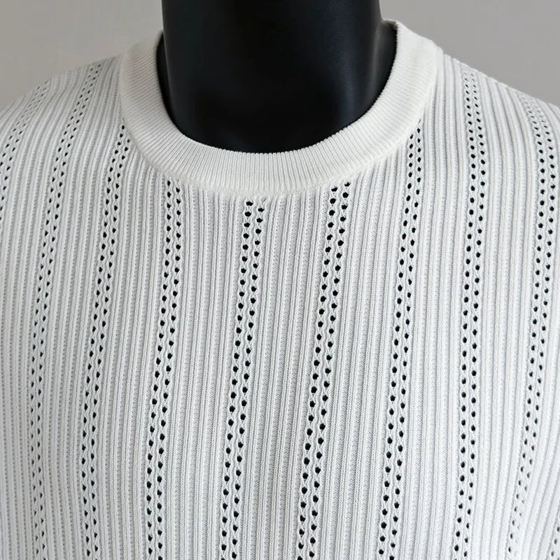Old Money Style Men's T-Shirt, See-Through Raglan Sleeves & Round Neck, Ice Silk Knit for Cool Feeling