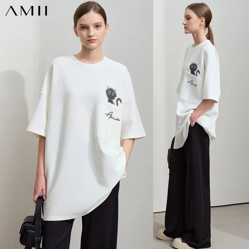 អាវយឺត AMII Minimalist សម្រាប់នារី រដូវក្តៅ ឆ្នាំ២០២៦ ថ្មី អាវក្រៅរលុង ដៃអាវទម្លាក់ បោះពុម្ព អាវយឺតទំហំមធ្យម 12511011