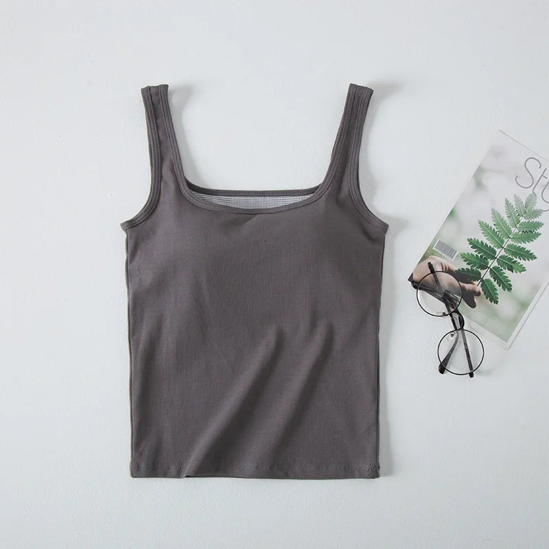 Square Collar Cotton Vest for Women Spring Summer Beauty Back Sleeveless Chest Pad Bottoming Top One Piece Sleepwear Pajamas
