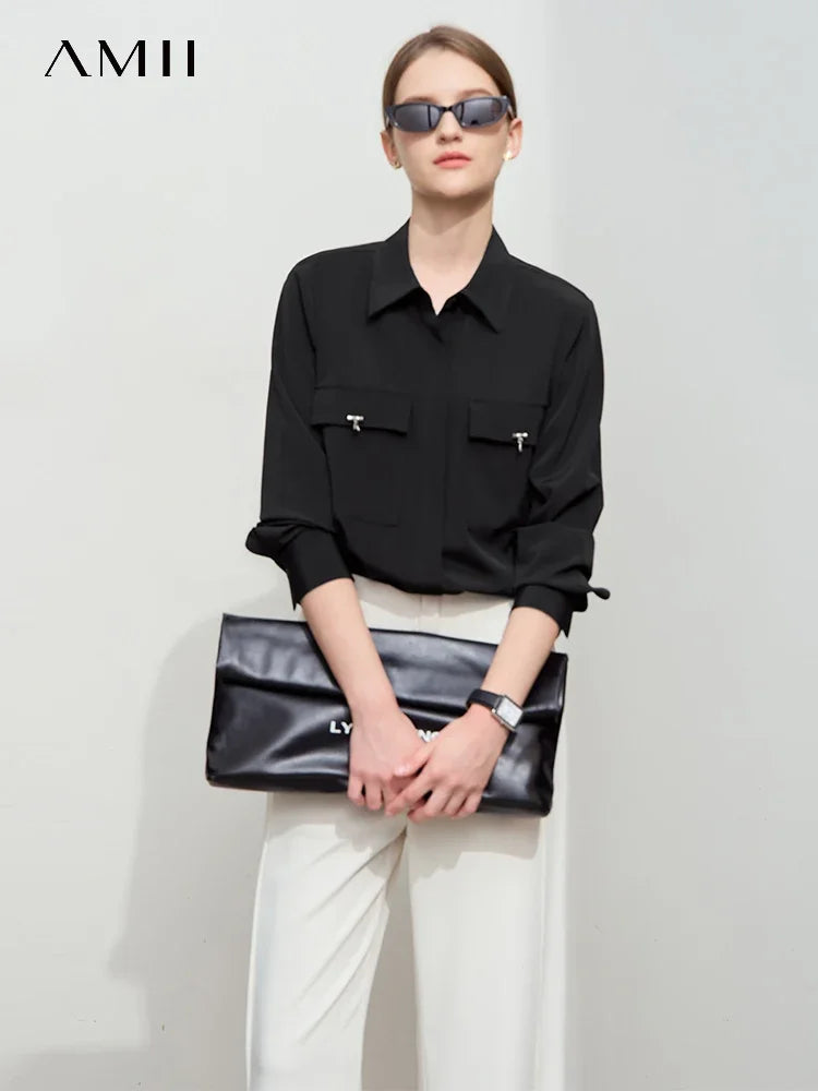 AMII Minimalist Chiffon Shirt Women 2026 Autumn New Temperament Gentle Lapel Bamboo Work Pocket Concealed Button Tops 12521032