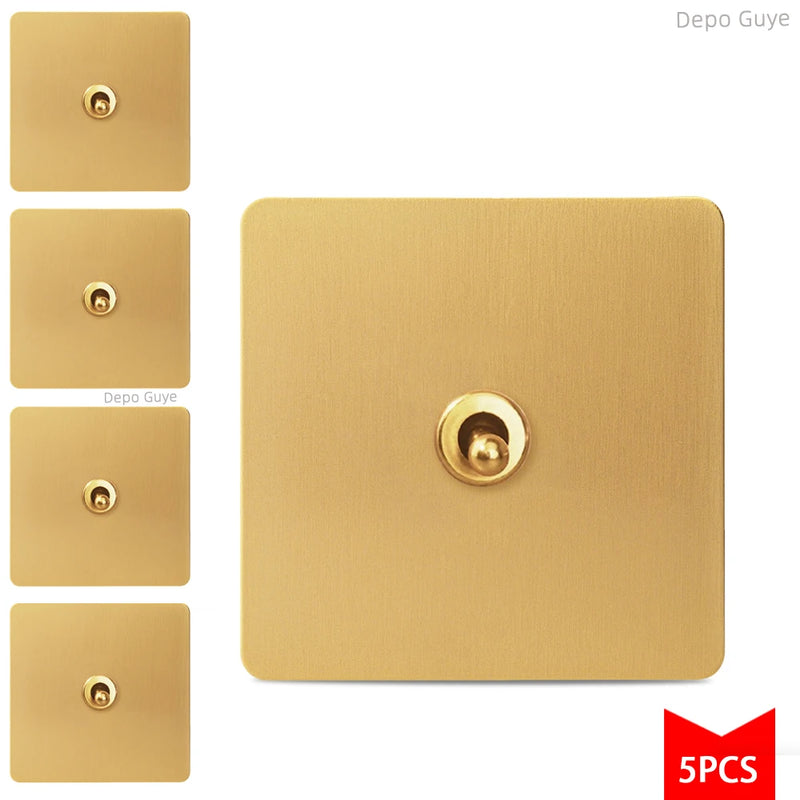 5/10 PCS Gold Wall Light Toggle Switch Vintage Brass Lever Stainless Steel Panel Vintage Brass Lever For Home Improvement