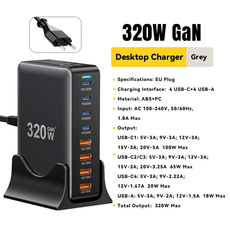 ឆ្នាំងសាក Essager 320W GaN 8 រន្ធ USB ប្រភេទ C ស្ថានីយសាកថ្មលើតុ PD 100W សាកថ្មលឿនសម្រាប់ iPhone 17 16 15 iPad MacBook កុំព្យូទ័រយួរដៃ