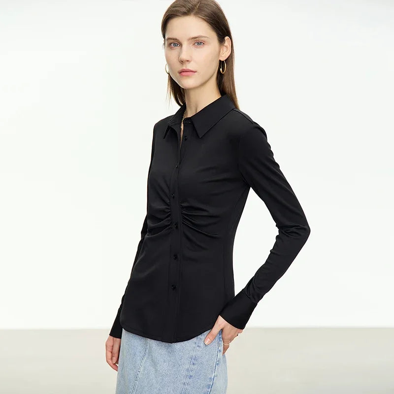 អាវ AMII Minimalism Asymmetric សម្រាប់ស្ត្រី 2025 រដូវស្លឹកឈើជ្រុះថ្មី Niche Folds Slim Office Lady Solid Female Shirts & Blouses 12343069