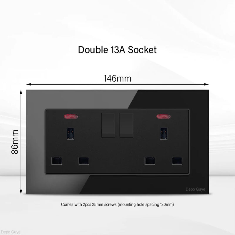 UK Black USB Type-C 18W Fast Charging Socket Universal Tempered Glass  Double 5-pin Power Plug,Home Electrical Wall Light Switch