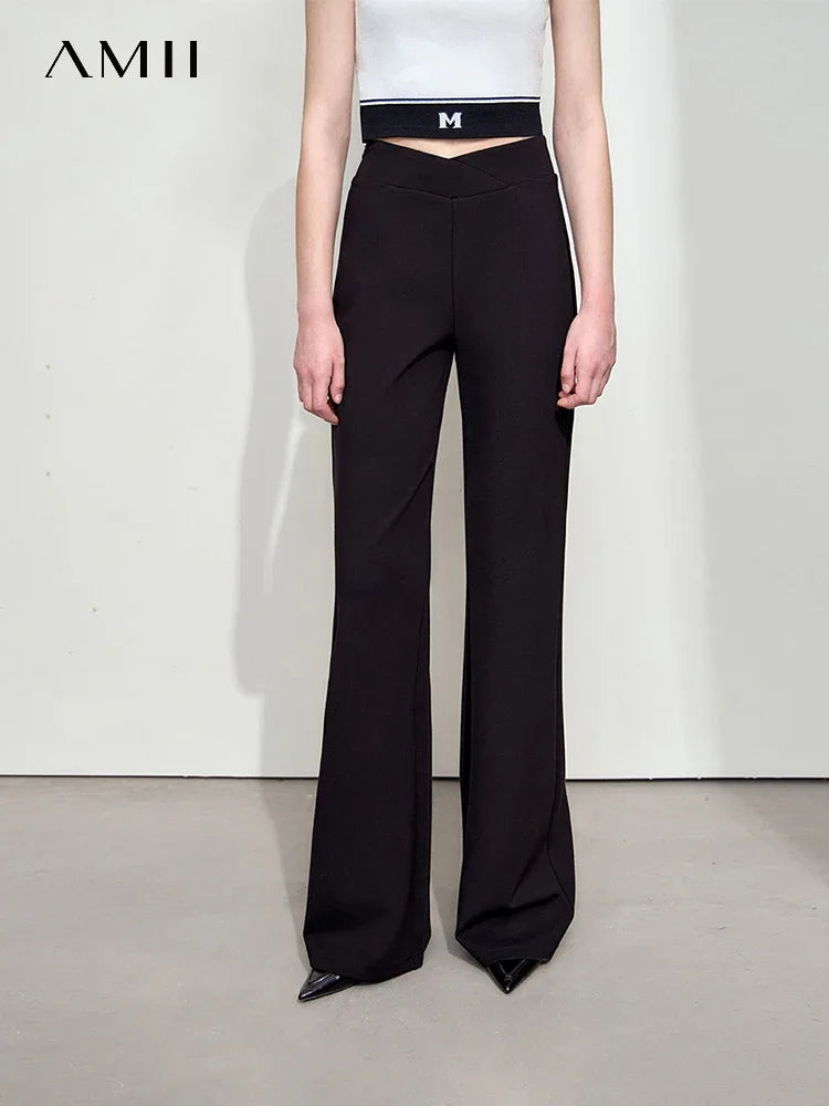 AMII Minimalist Flared Pants Women 2026 Autumn New Solid Slightly Elastic Roman Cloth V-shaped Waist Head Slim Pants 12521030